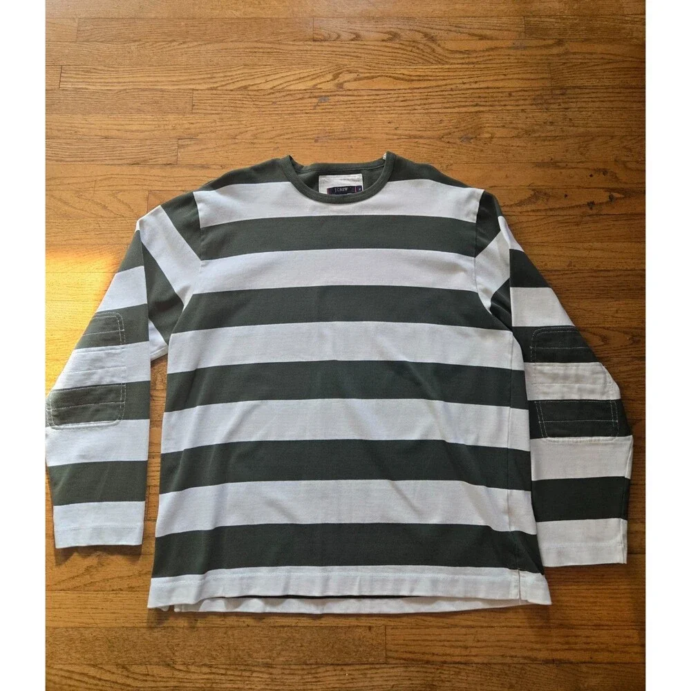 J Crew Rugby Shirt Mens XL Green Wide Striped Elbow Pads Preppy